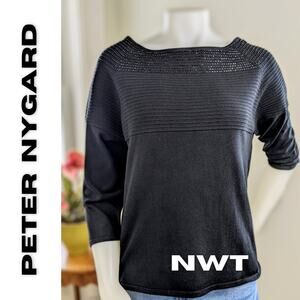 Peter Nygard Sweater Large Silk Blend Black Beaded Square Neck 3/4 Sleeve NEW